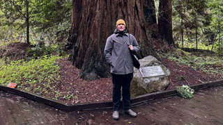 A man standing in front of a large tree.