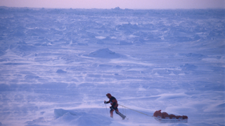 Børge Ousland pictured from afore crossing an icy, snowy plain.