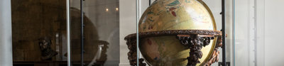 Full view of AK Johnston globe in a display cabinet in the Map Room of the Royal Geographical Society. 