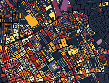 An aerial image of a map that has been coloured in blocks to represent housing types