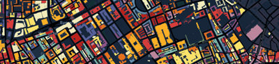 An aerial image of a map that has been coloured in blocks to represent housing types