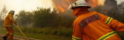 Two firemen in orange uniforms fight a fire by the side of the road. The flames are reaching high into the air and there is lots of smoke