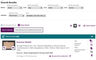 Wiley Digital Archives screenshot of search on model, and map, and relief, and everst and limites manuscripts with a date between 1920 and 1940.