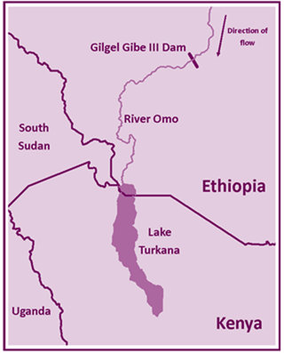 The location of the Gilgel Gibe III dam and Lake Turkana.