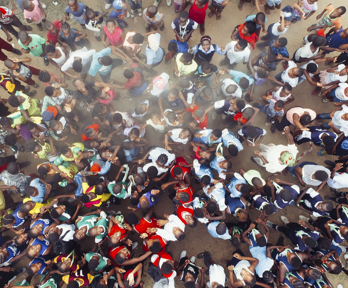A birds eye view of a crowd of school students