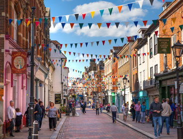 A high street with bunting