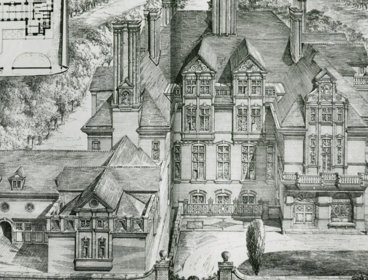 A detailed sketch of the Royal Geographical Society building with a minimised interior layout sketch in the corner.