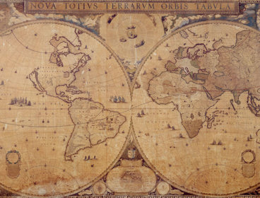 Double hemisphere world map, excluding a southern continent, by mapmaker Joan Blaeu.