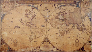 Double hemisphere world map, excluding a southern continent, by mapmaker Joan Blaeu.