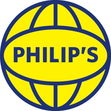 Yellow globe logo with blue lines and the word Philip's.
