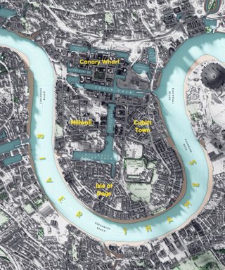 Visualisation of the Isle of Dogs in London using arerial lidar which is shown in a 3D model