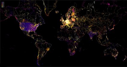 Map of the world showing where edits to OpenStreetMap have been made from.