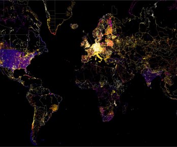 Map of the world showing where edits to OpenStreetMap have been made from.