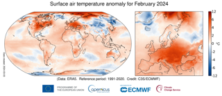 Figure 1: Global surface air temperatures for February 2024