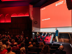 Speakers on stage in the Ondaatje Theatre during a panel discussion as part of the Transglobe Expedition Trust event at the Society