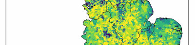 Map displaying a coropleth map on a decile scale of Child Poverty risk, with higher risk areas corellating to urban hubs 
