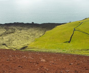 Aerial photo showing the contrast between volcanic stones and green grass right next to the sea.