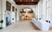 Formal tea and coffee station setup in the Main Hall at the Royal Geographical Society.