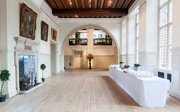 Formal tea and coffee station setup in the Main Hall at the Royal Geographical Society.