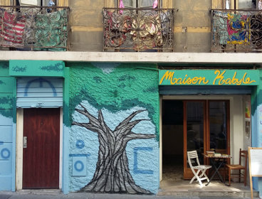 Shop front painted with a tree mural in North Africa