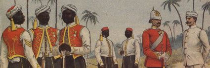 A historic painting of the West India Regiment, showing black and white soldiers