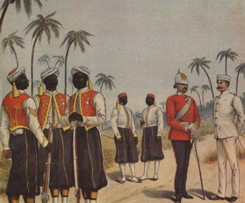 A historic painting of the West India Regiment, showing black and white soldiers