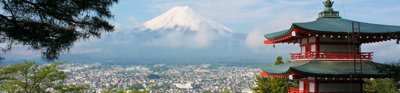 An elevated view of Tokyo, with the top of the Chureito Pagoda and trees in the foreground. The city occupies the middle ground whilst a mountain towers over it in the background.