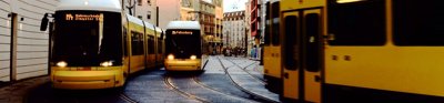 Yellow tams drive along tram tracks 