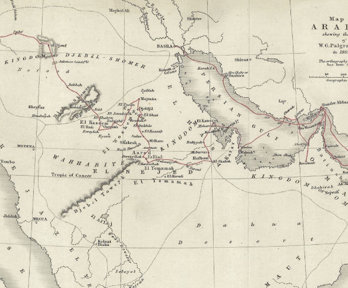 A historic map of the Arabian Peninsula showing the route of W.G. Palgrave Esq. in 1862 to 1863.