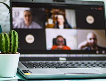 A cactus, mobile phone, laptop showing open conference call, and blue pen.