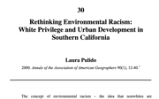 First page of 'Rethinking environmental racism: White privilege and urban development in Southern California.' Black text on white background.