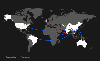 World map showing raw material and Final garment exports 