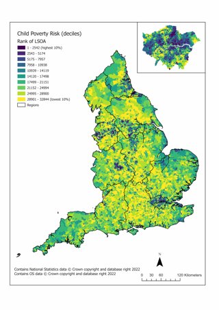 Map displaying a coropleth map on a decile scale of Child Poverty risk, with higher risk areas corellating to urban hubs 