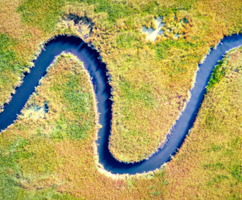 An attractive picture of a blue river meander, on a background of yellow-green grassland. The image is taken from above.