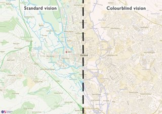 Map of Oxford split down the middle vertically, with the left side showing standard vision and the right showing colorblind vision