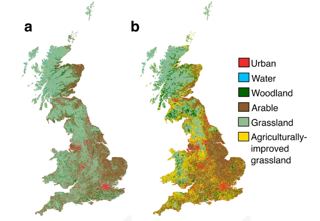 Map displaying land use change with the categories:Urban, Water, Woodland, Arable, Grassland, Agricultually-improved Grassland