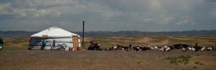 A herd of goats next to a yurt and motorbike, with a mountainous landscape in the background. 