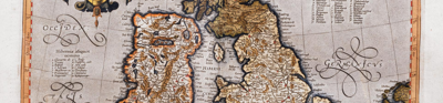 A 1595 map of the United Kingdom and Ireland. The map shows a the land forms in light beige and oceans in grey.