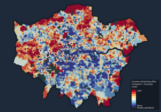 Map displaying income remaining after transport and housing costs in London