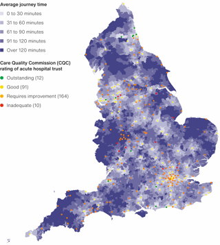 Map showing Journey times to acute hospital trusts in England