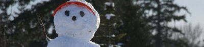 A small snowman perched on a snowy hill, with a red peaked cap and stones for eyes and a nose, and sticks for arms