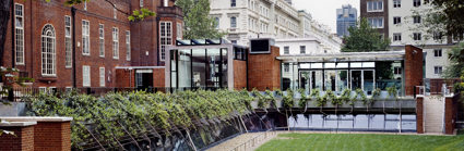 A grass covered patio bordered by a rectangular stone path. This lays surrounded by the red bricked Society building.