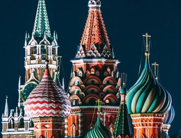 Saint Basil Cathedral, Russia, photographed at night showing the colours on its ornate roofs