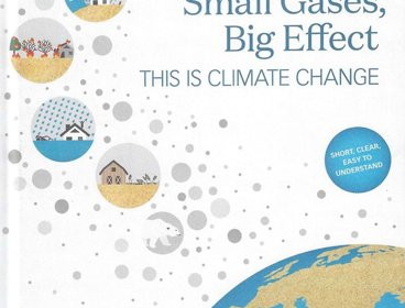 The book cover for Samm Gases, Big Effect- a white background with a part of a globe and smaller circles containing images such as a house, a wildfire and a tornado