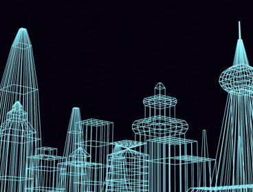 A digitally drawn abstract skyline consisting of blue lines against a black background.