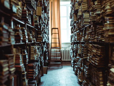 Rows and rows of books in an archive