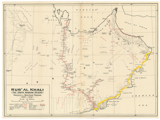 1926 map of the South Arabian Desert, explored by Bertram Thomas, with the expedition route shown as a yellow line 