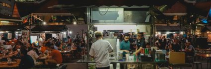 Drink stall at an iconic hawker centre in the central business district of Singapore.