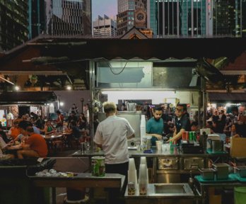 Drink stall at an iconic hawker centre in the central business district of Singapore.