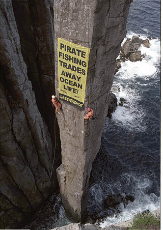 Two people in orange overalls climbing a coastal stack and fixing a banner to it reading 'Pirate fishing trades away ocean life'